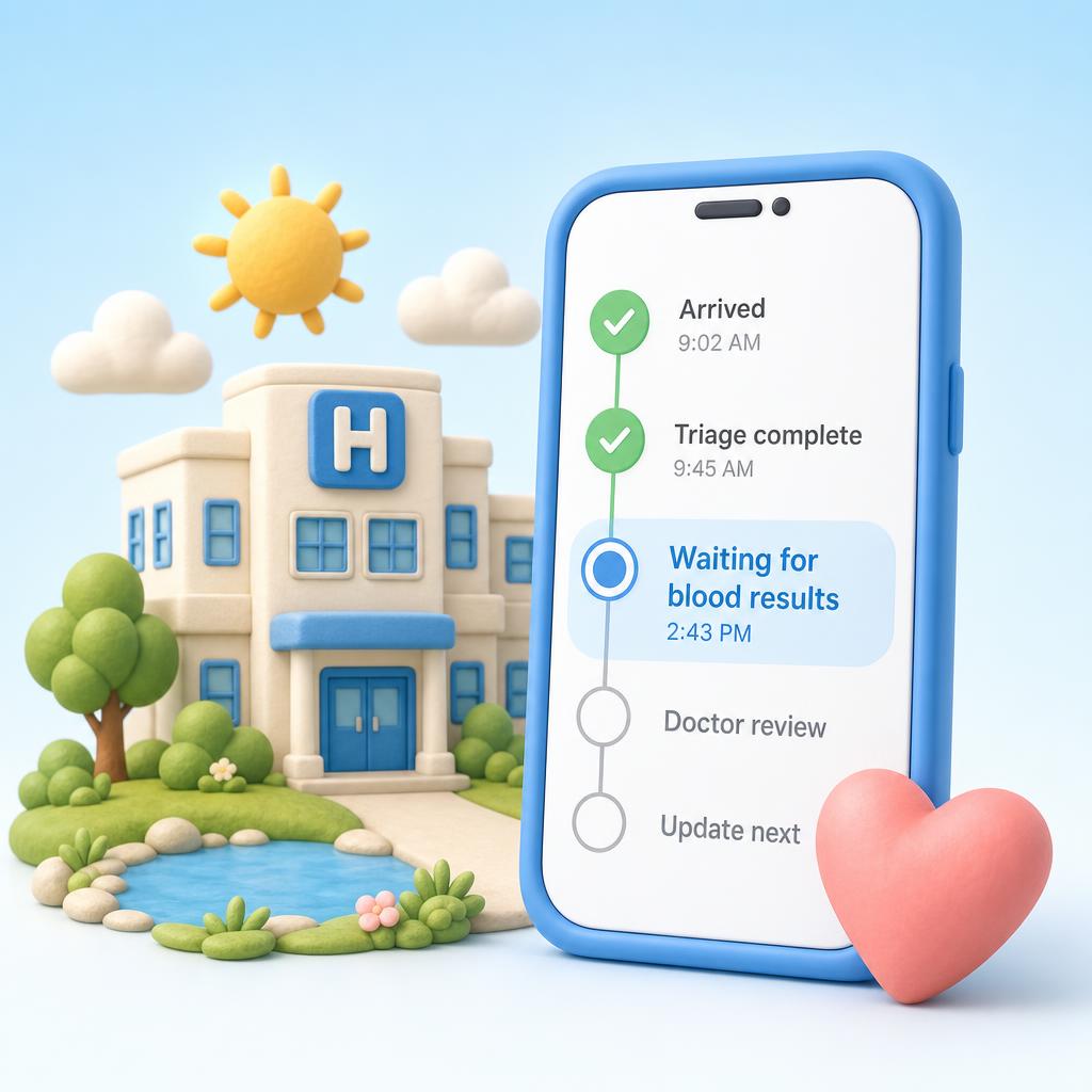 A friendly illustrated hospital with a phone showing a live patient timeline